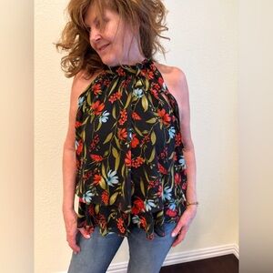 CeCe Floral Halter Neck Top - Black and Red size L